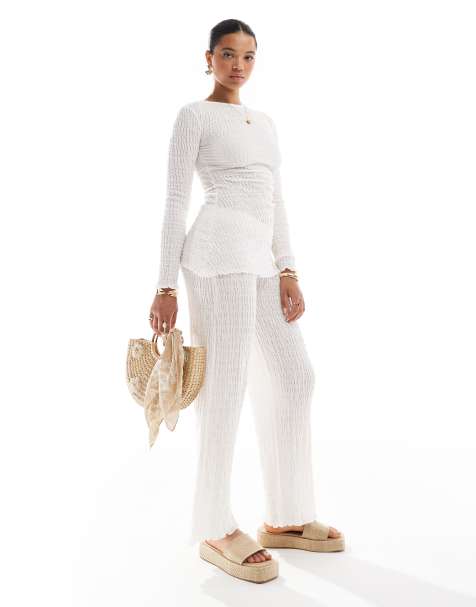 Pull&Bear textured long sleeve asymmetric top co-ord in ecru - view 1