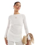 [Pull & Bear] Pull & Bear textured long sleeve asymmetric top in ecru (part of a set)-White XS Ecru