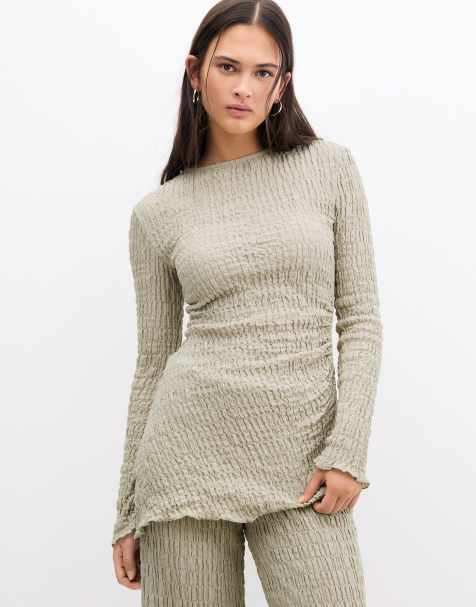 Pull&Bear textured long sleeve asymmetric top co-ord in green