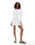 [Pull & Bear] Pull & Bear textured long sleeve mini dress in ecru-White S Ecru