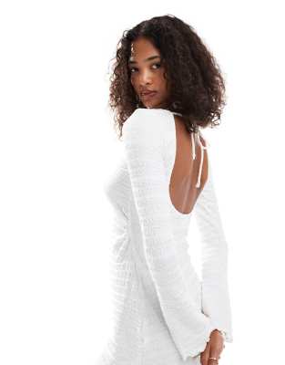 pull&bear textured long sleeve mini dress in ecru