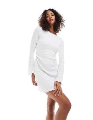 pull&bear textured long sleeve mini dress in ecru