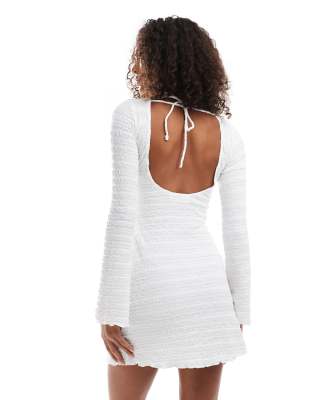 pull&bear textured long sleeve mini dress in ecru