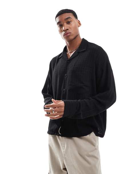 Pull&Bear textured long sleeve shirt in black - view 1