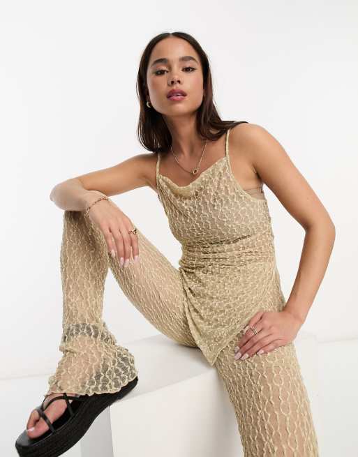 Pull&Bear textured mesh asymmetric hem top in beige (part of a set)