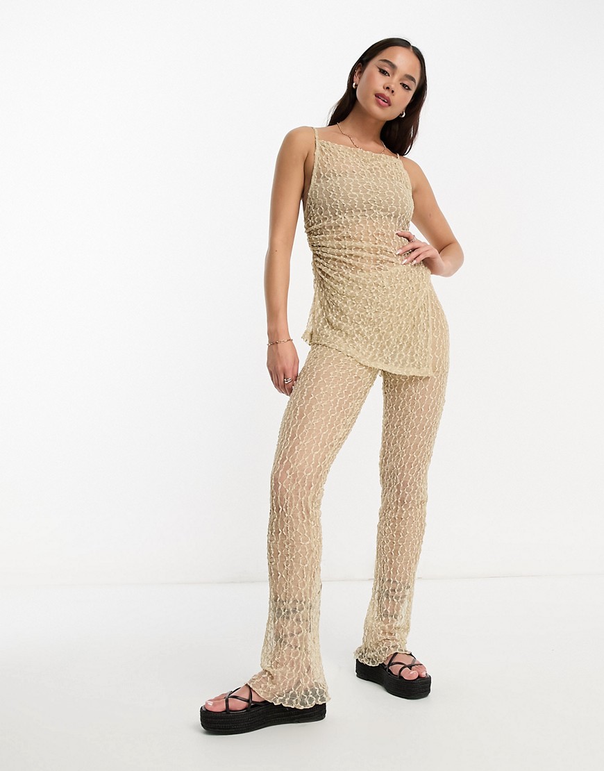 Pull & Bear textured mesh flare trouser co-ord in beige-Brown