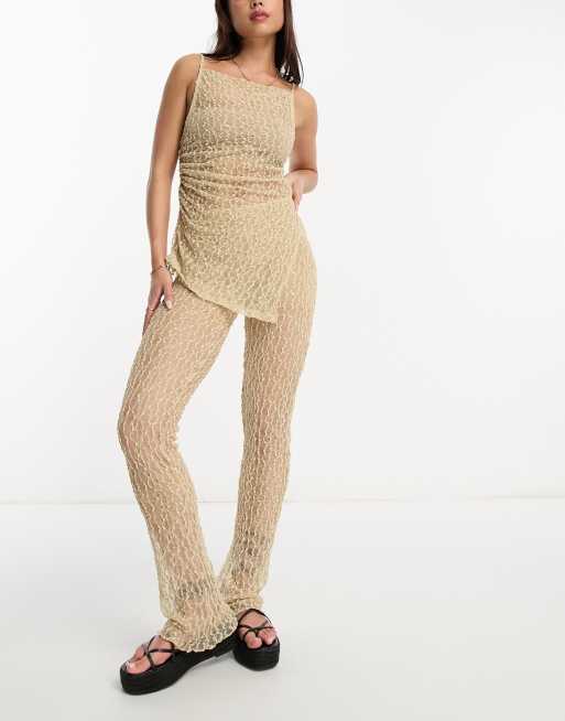 Pull&Bear textured mesh flare trouser co-ord in beige