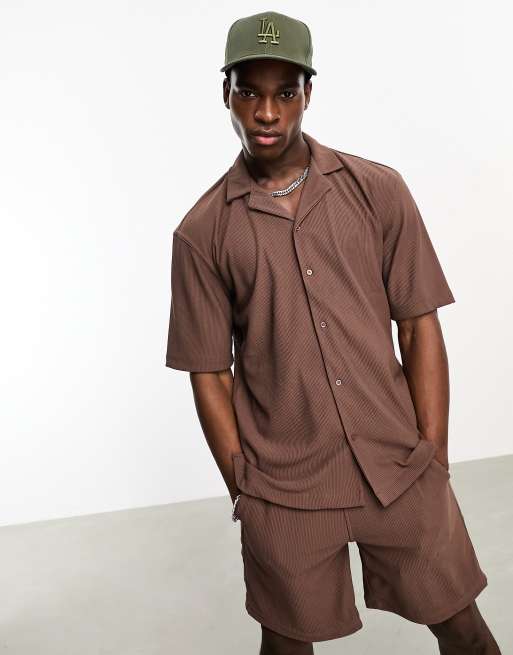 Pull&Bear textured ottoman shirt in brown - part of a set