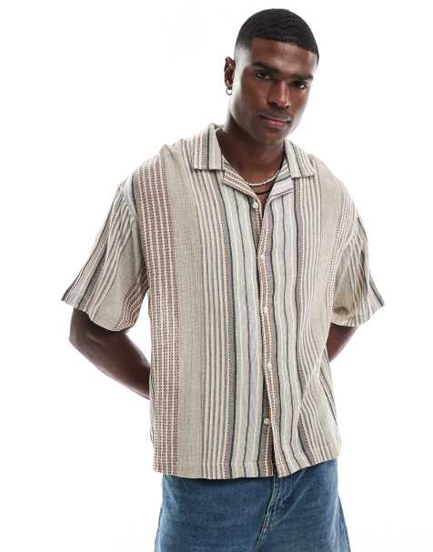 Pull&Bear textured retro striped shirt in brown - view 1