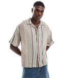 [Pull & Bear] Pull & Bear textured retro striped shirt in brown XL BROWN