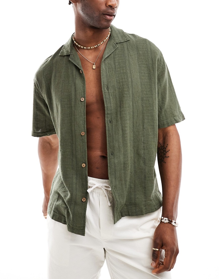 Pull & Bear textured revere neck shirt in khaki-Green