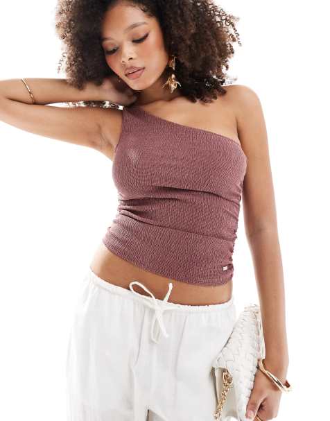 Pull&Bear textured ruched one shoulder top in burgundy - view 1