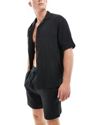 Pull&Bear textured shirt co-ord in black