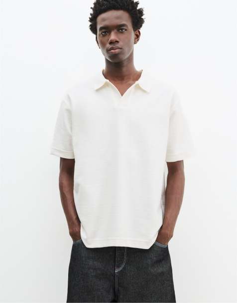 Pull&Bear textured short sleeve polo shirt in off white - view 1