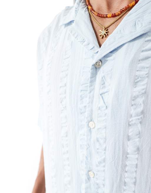 Pull&Bear textured short sleeve shirt in baby blue, 3 of 4
