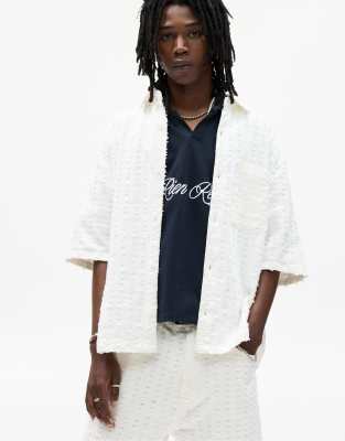 Pull & Bear Textured Short Sleeve Shirt In White