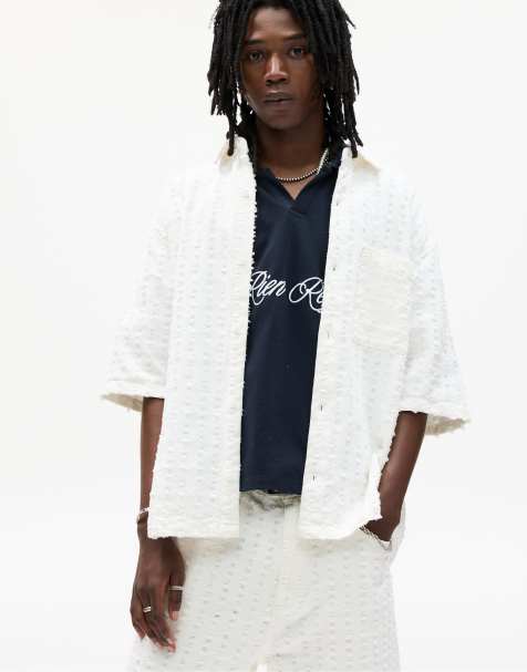 Pull&Bear textured short sleeve shirt in off white