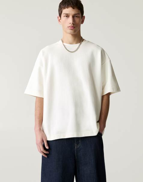 Pull&Bear textured short sleeve sweatshirt in off white