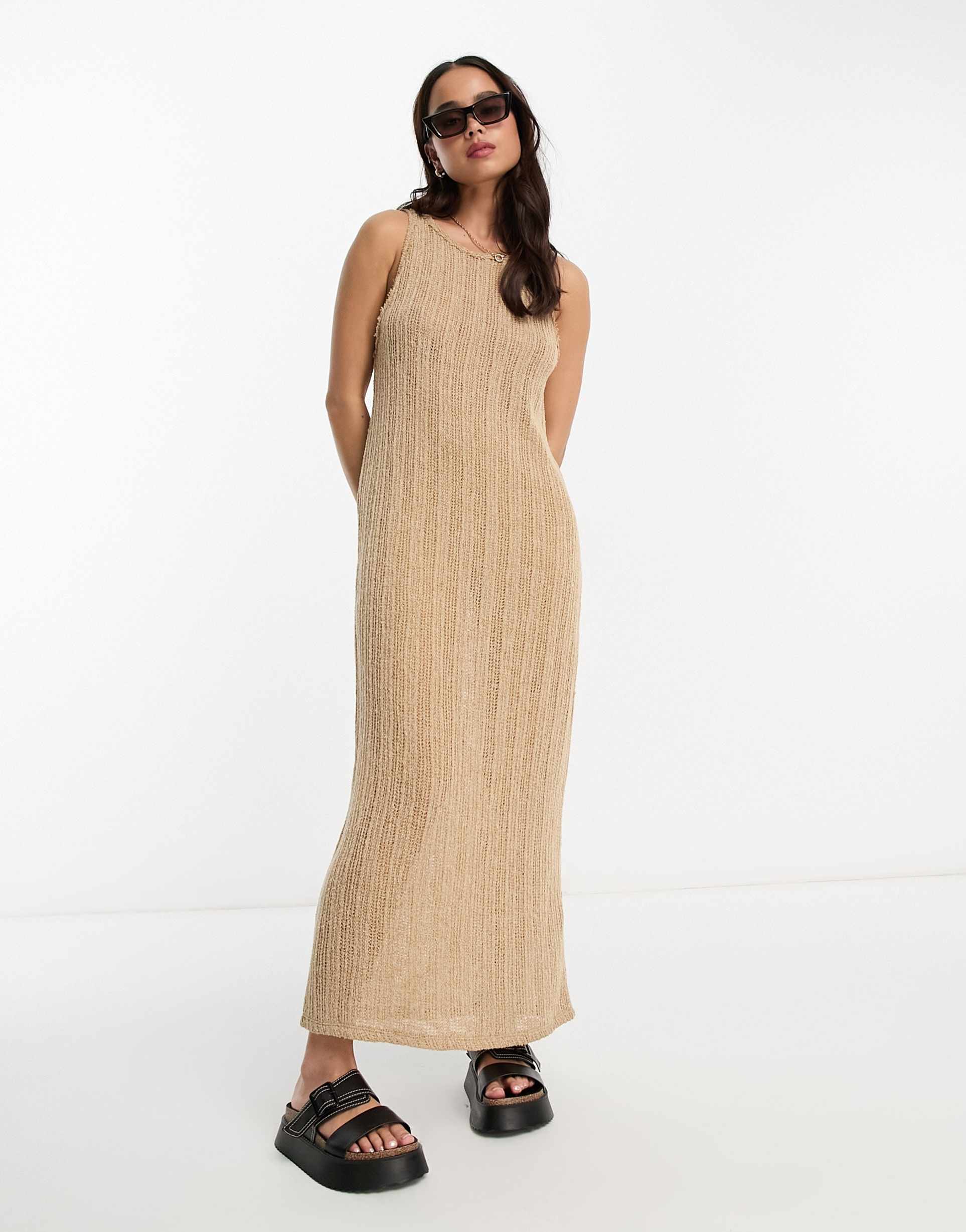 pull&bear textured sleeveless column maxi dress in light brown