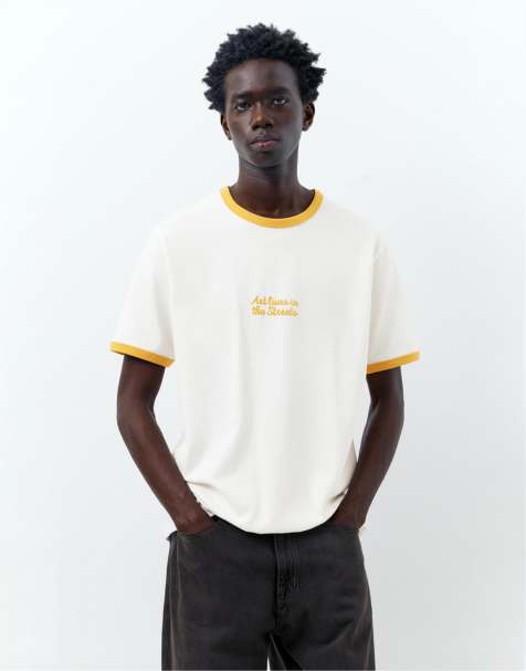 Pull&Bear Textured slogan t-shirt in off white