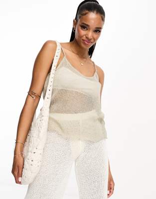 Pull & Bear Textured Strappy Lettuce Edge Cami Top In Khaki-green