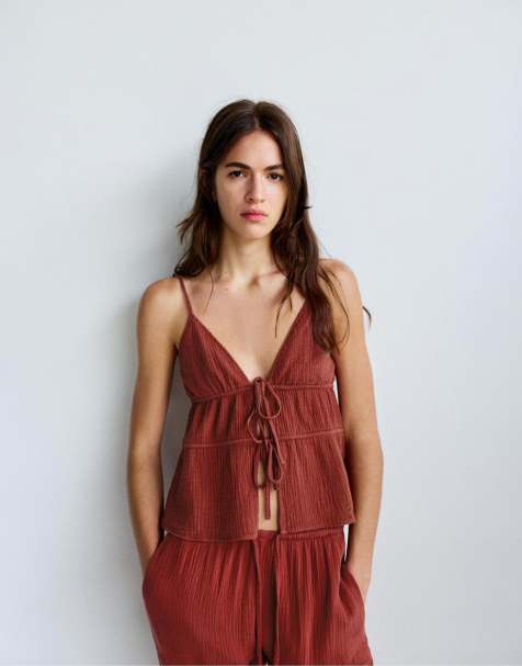 Pull&Bear Textured strappy top in russet - view 1