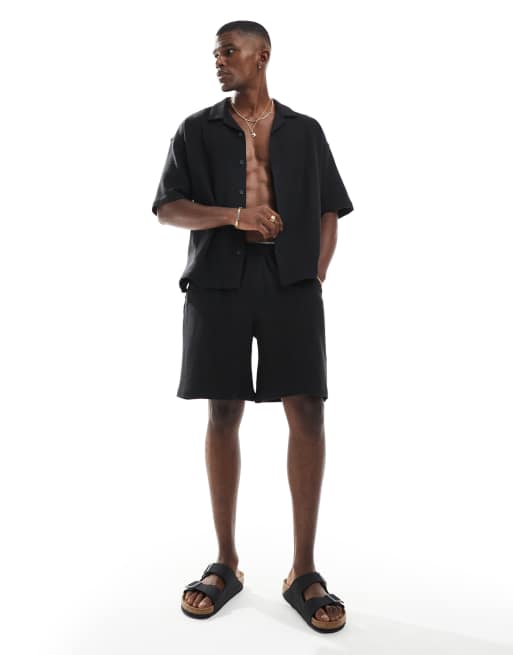 Pull&Bear textured terrycloth shirt and shorts set in black