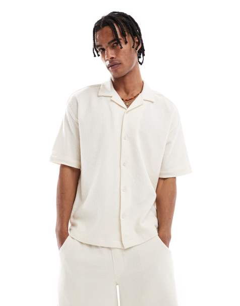 Pull&Bear textured terrycloth shirt in ecru - view 1