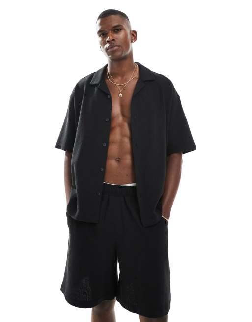 Pull&Bear textured towelling shirt in black - part of a set