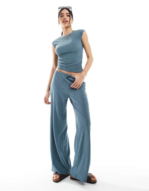 Pull&Bear textured wide leg co-ord in teal blue