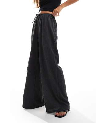 textured wide leg drawstring pants in charcoal gray-Neutral