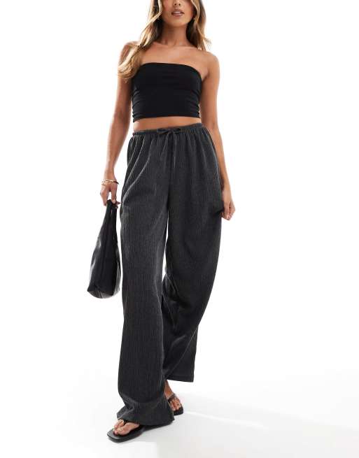 Pull&Bear textured wide leg drawstring pants in charcoal grey