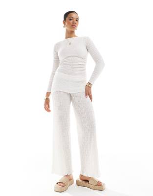 Pull & Bear Textured Wide Leg Pants In White