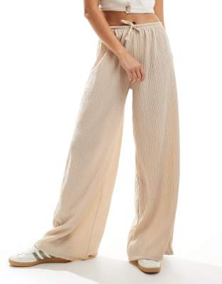 Pull & Bear Textured Wide Leg Pants In Ecru-white