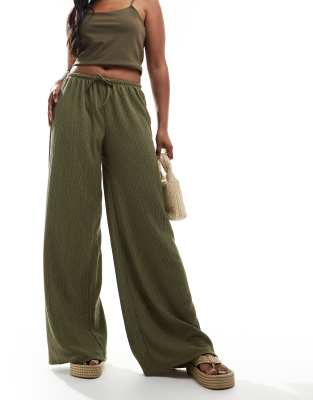 Pull & Bear Textured Wide Leg Pants In Khaki-green