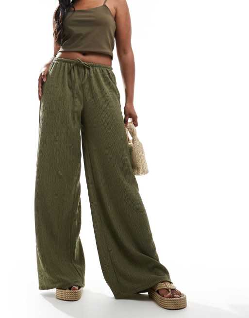 Pull&Bear textured wide leg pants in khaki