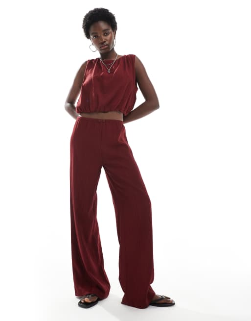 Pull&Bear textured wide leg trouser co-ord in burgundy