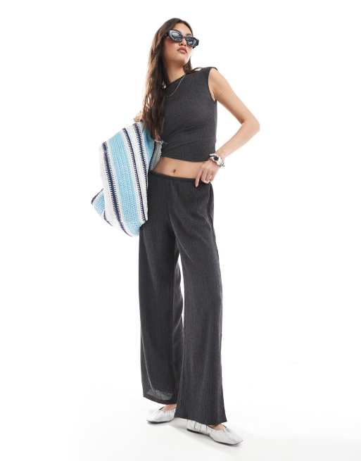 Pull&Bear textured wide leg trouser co-ord in charcoal grey