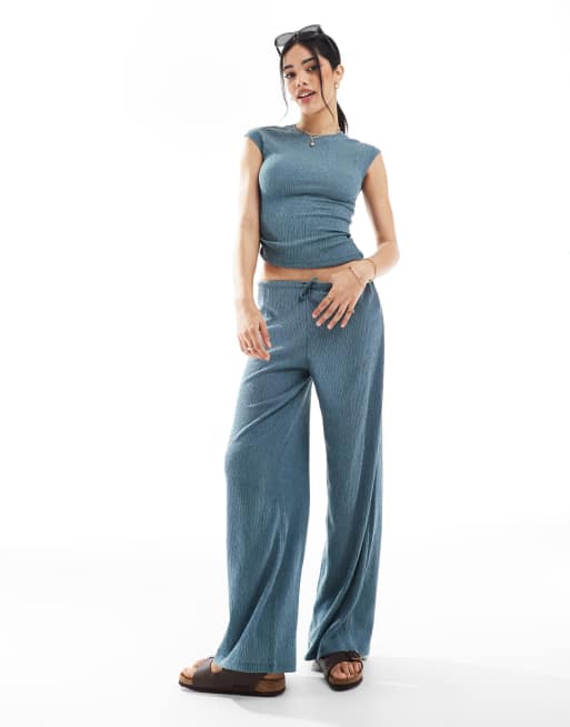 Pull&Bear textured wide leg trouser co-ord in teal blue