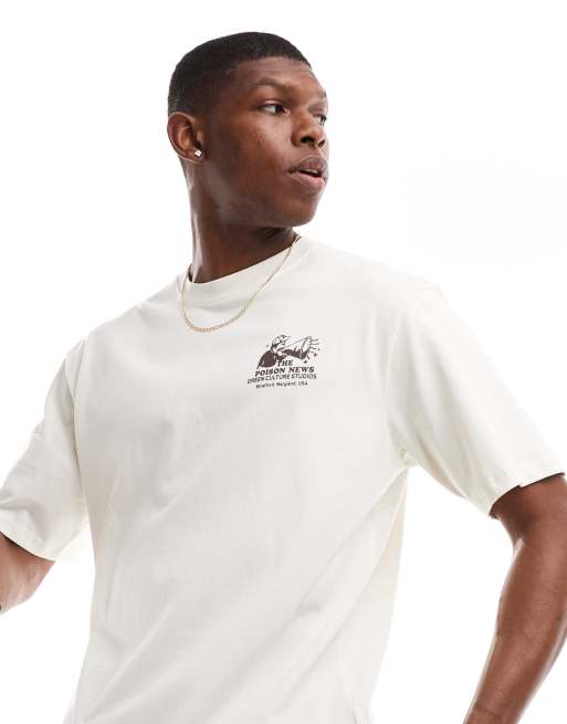 Pull Bear the news back printed t shirt in ecru ASOS