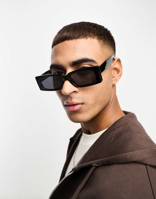 Pull&Bear thick framed rectangle sunglasses in black | ASOS