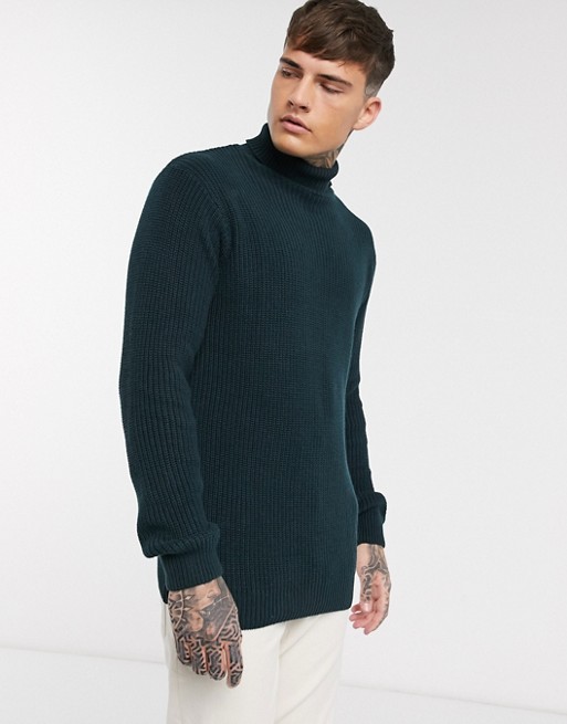 Pull&Bear thick rib roll neck in green