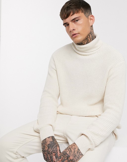 Pull&Bear thick rib roll neck in oatmeal