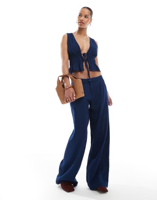 Pull&Bear tie detail denim top in dark blue rinse - part of a set