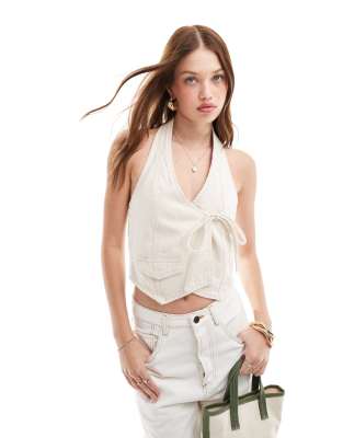 Pull & Bear Tie Detail Halterneck Denim Vest In Ecru-white