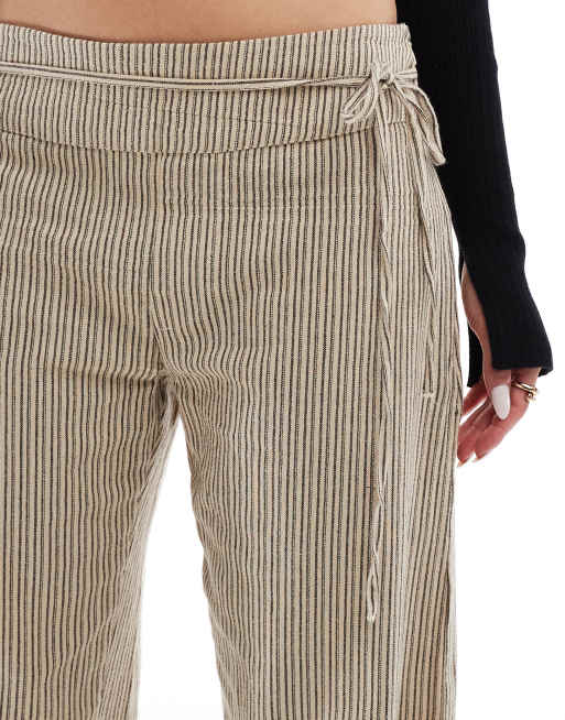 Pull Bear tie detail waist trouser in sand stripe