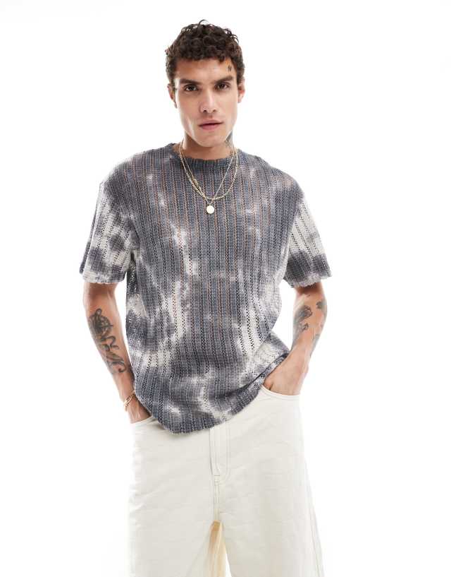 Pull&Bear - tie-dye crochet t-shirt in grey