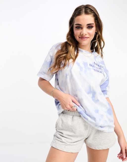 Pull&Bear - Tie-dye T-shirt met grafische print in blauw