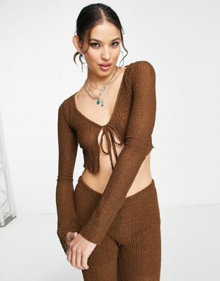Pull&Bear tie front co-ord top in brown