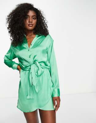 Pull & Bear Tie Front Long Sleeve Satin Mini Shirt Dress In Green